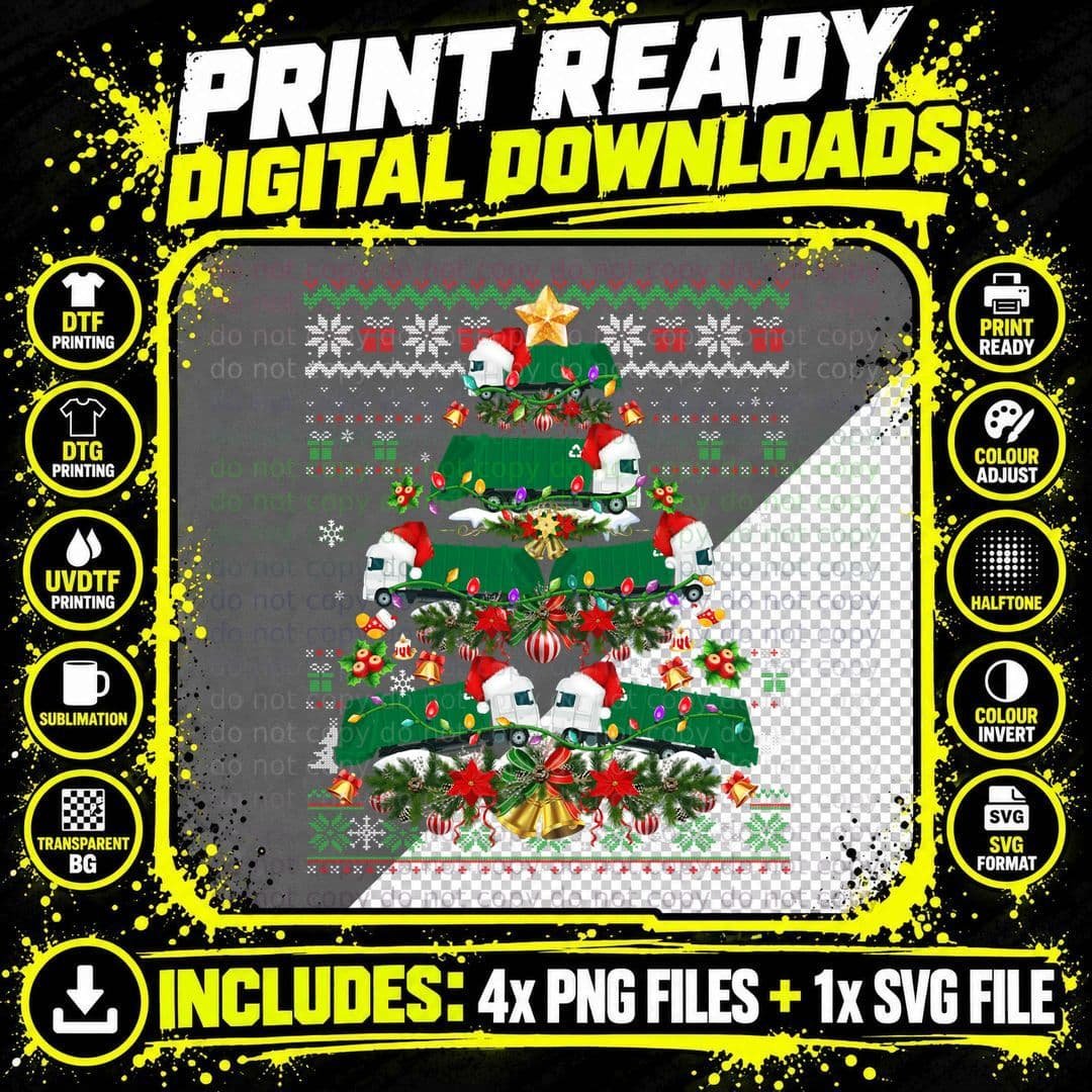 Garbage Truck Driver Ugly Sweater Christmas Tree Png SVG Digital Bundle