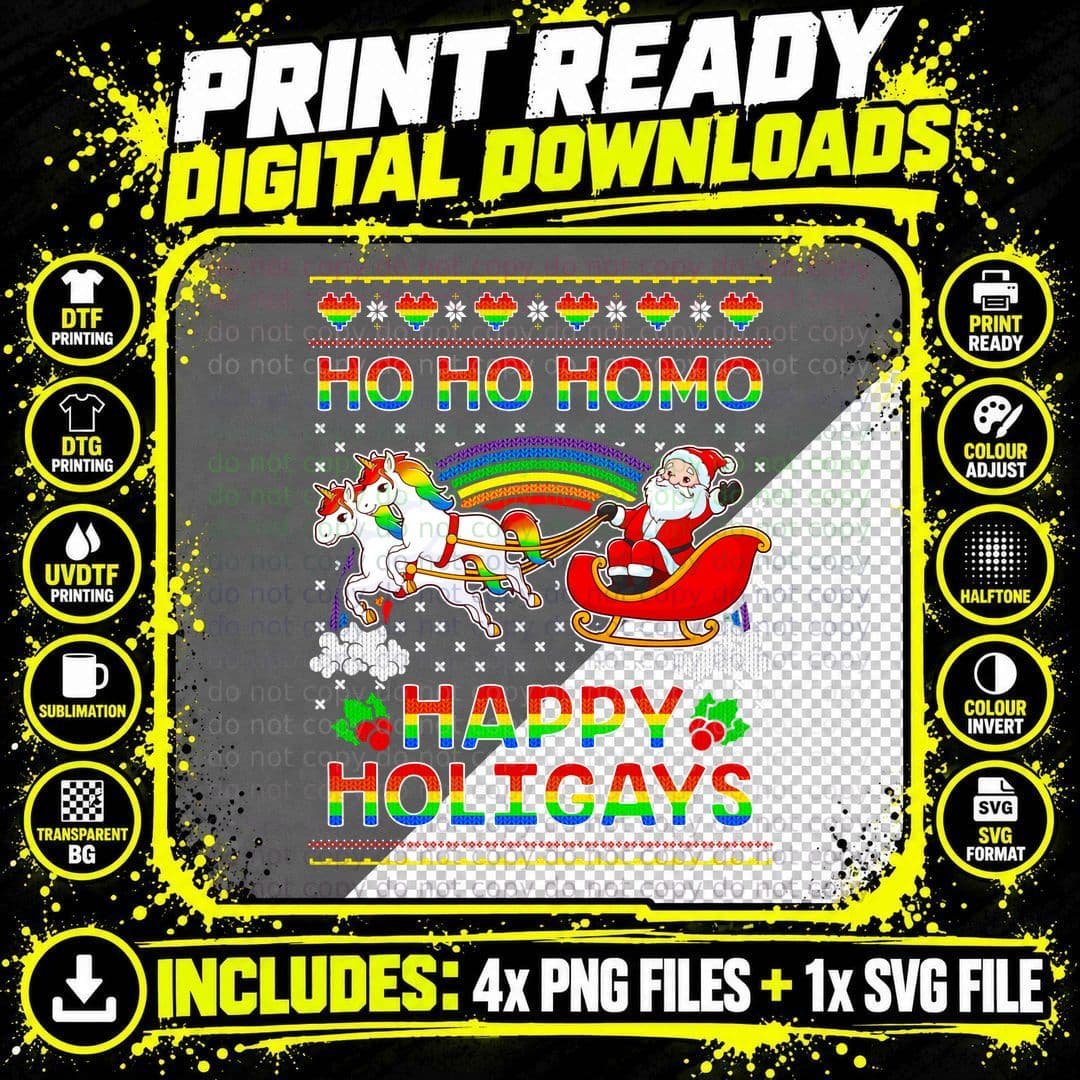 Gay Pride Santa Ho Ho Homo Happy Holigays Ugly Christmas Png SVG Digital Bundle