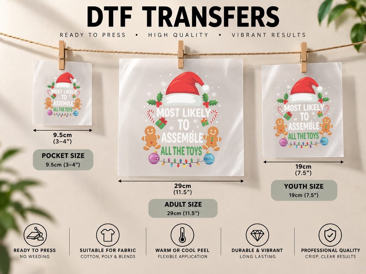 Gingerbread Men with Santa Hats Christmas Lights Matching DTF Transfer Iron On