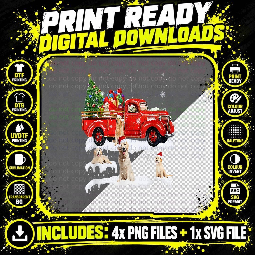 Golden Retriever Red Truck Christmas Tree T-Shirt Png SVG Digital Bundle