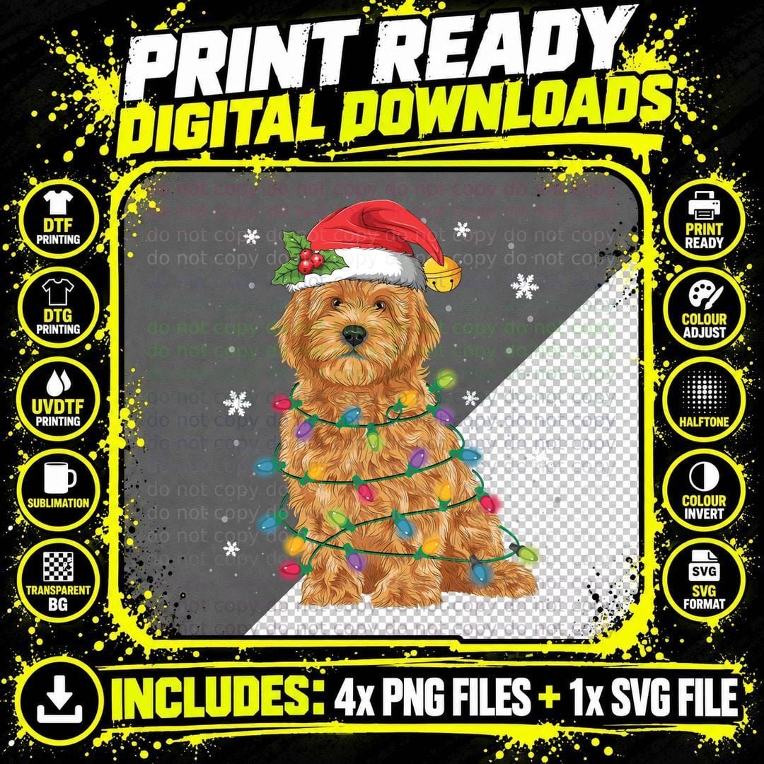 Goldendoodle Christmas Santa Hat Fairy Lights Pajama Png SVG Digital Bundle