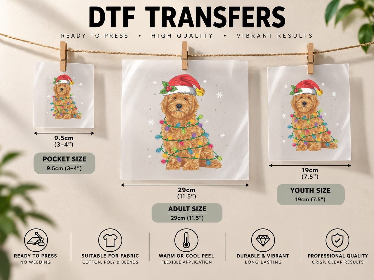 Goldendoodle Christmas Santa Hat Fairy Lights Pajama DTF Transfer Iron On