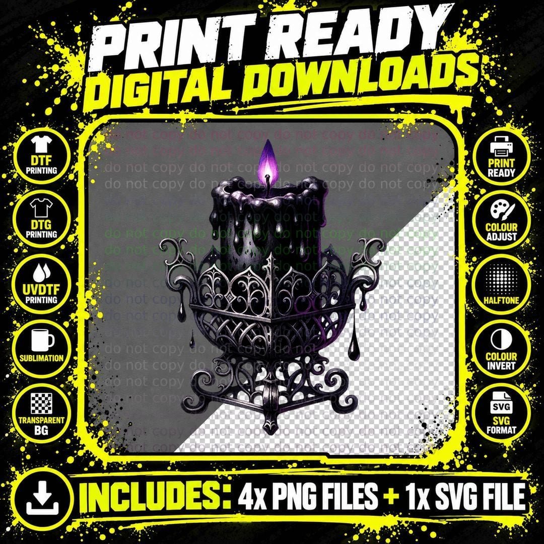 Gothic Black Candle Purple Flame Dark Christmas T-Shirt Png SVG Digital Bundle