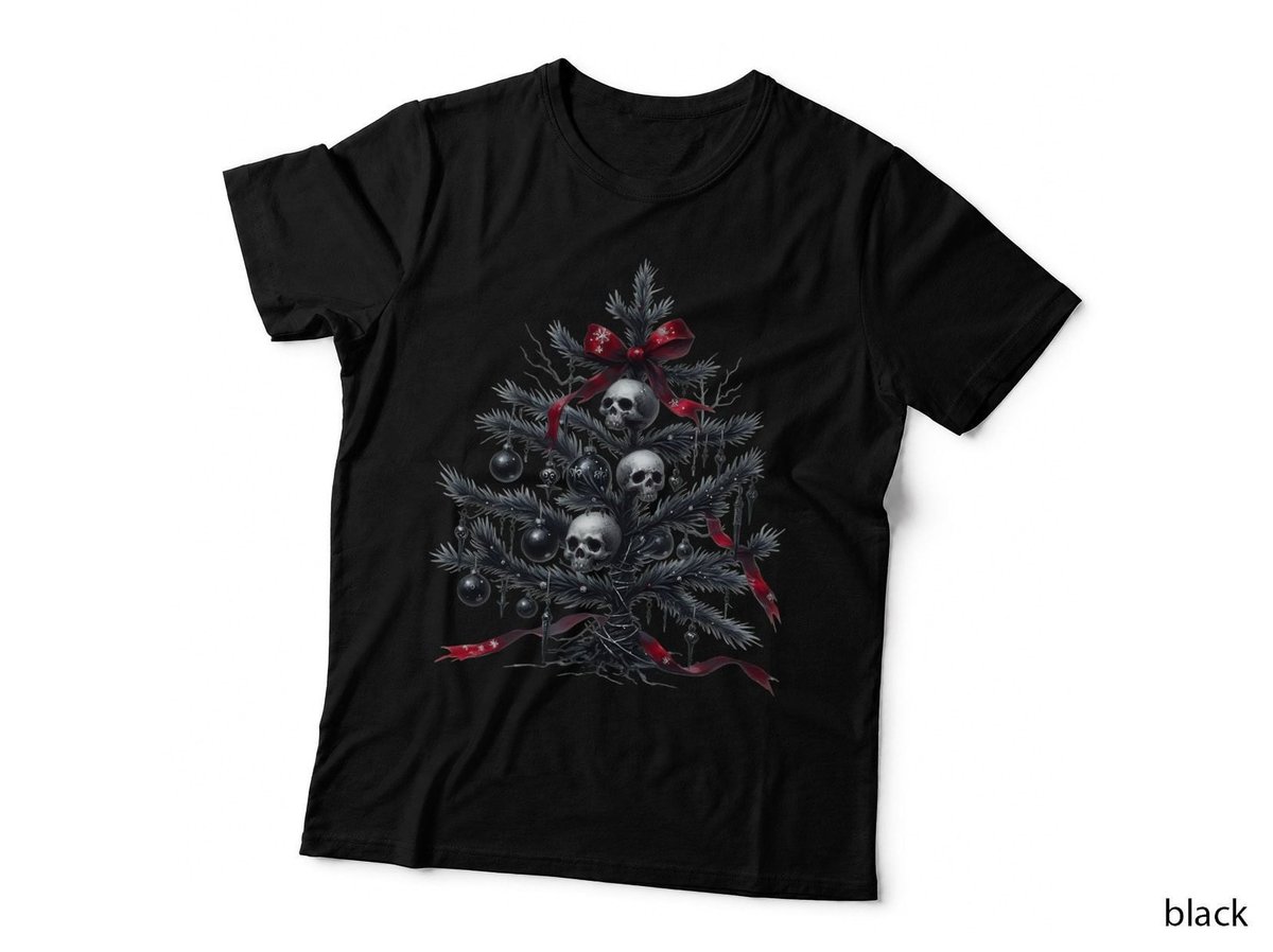 Gothic Christmas Tree Skulls Black Red Dark Holiday T-Shirt