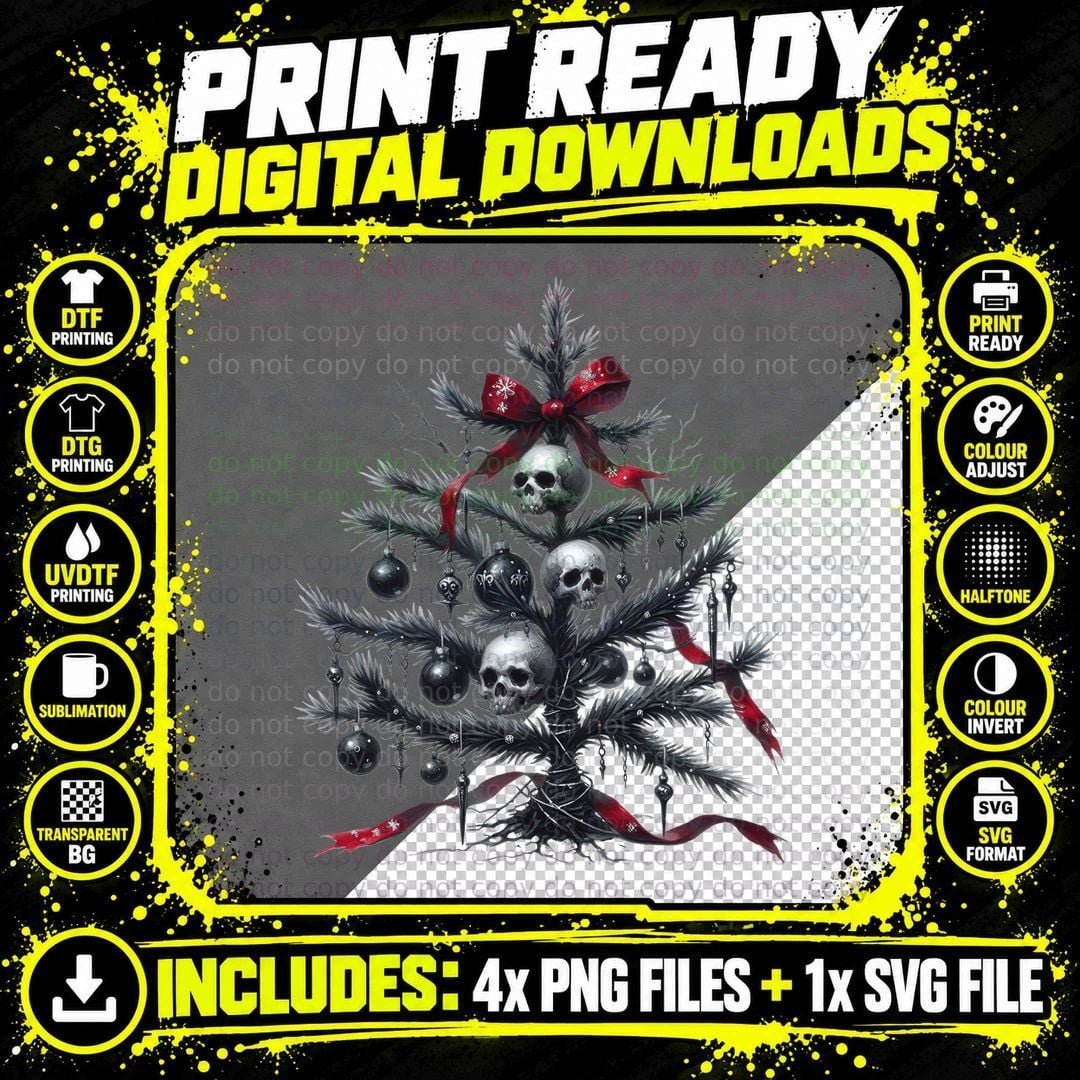 Gothic Christmas Tree Skulls Black Red Dark Holiday Png SVG Digital Bundle