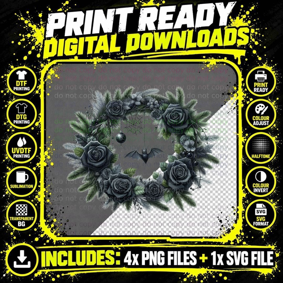 Gothic Christmas Wreath Black Roses Bat Spiderweb Dark Png SVG Digital Bundle