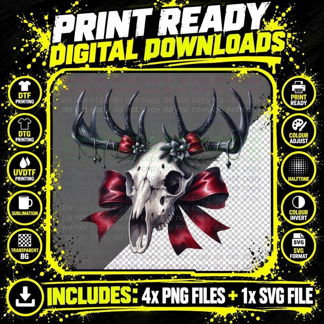 Gothic Deer Skull Christmas Dark Winter Witchy Holiday Png SVG Digital Bundle