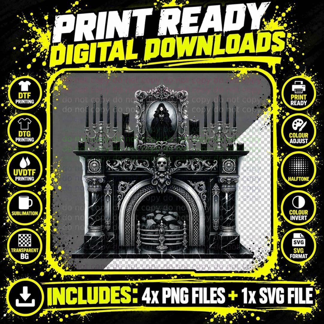 Gothic Fireplace Dark Christmas Mansion Victorian Png SVG Digital Bundle