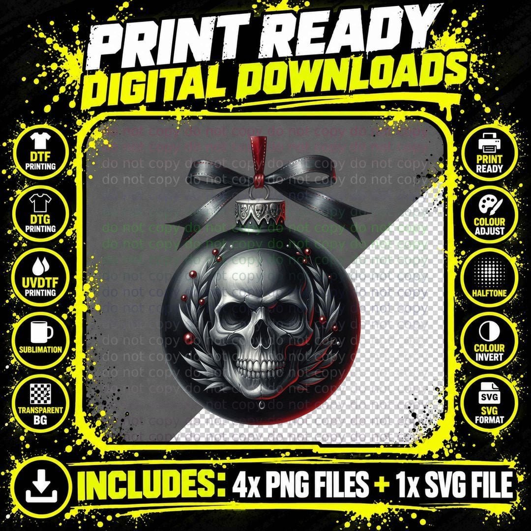 Gothic Skull Ornament Dark Christmas Bauble Red Black Png SVG Digital Bundle