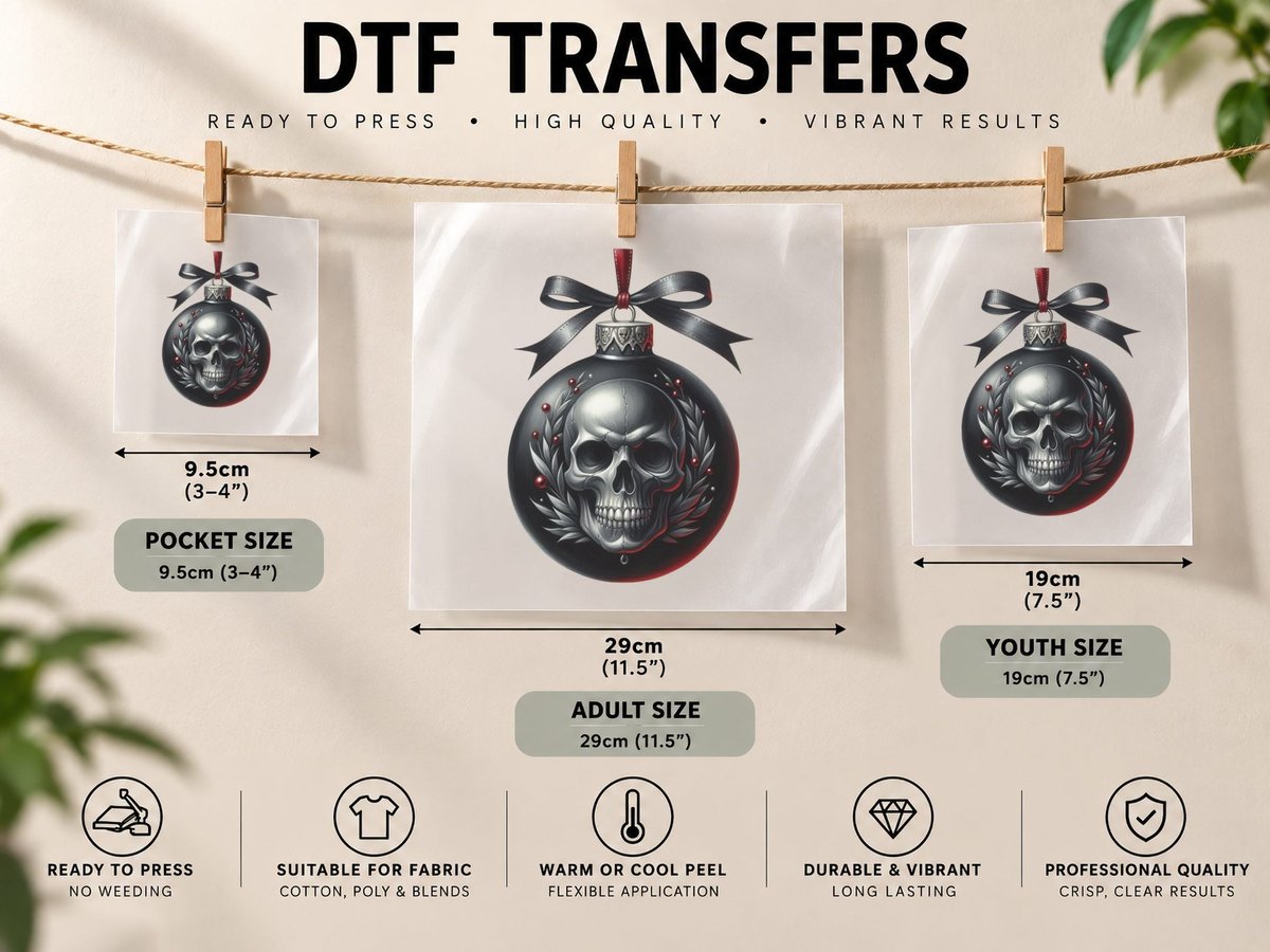 Gothic Skull Ornament Dark Christmas Bauble Red Black DTF Transfer Iron On