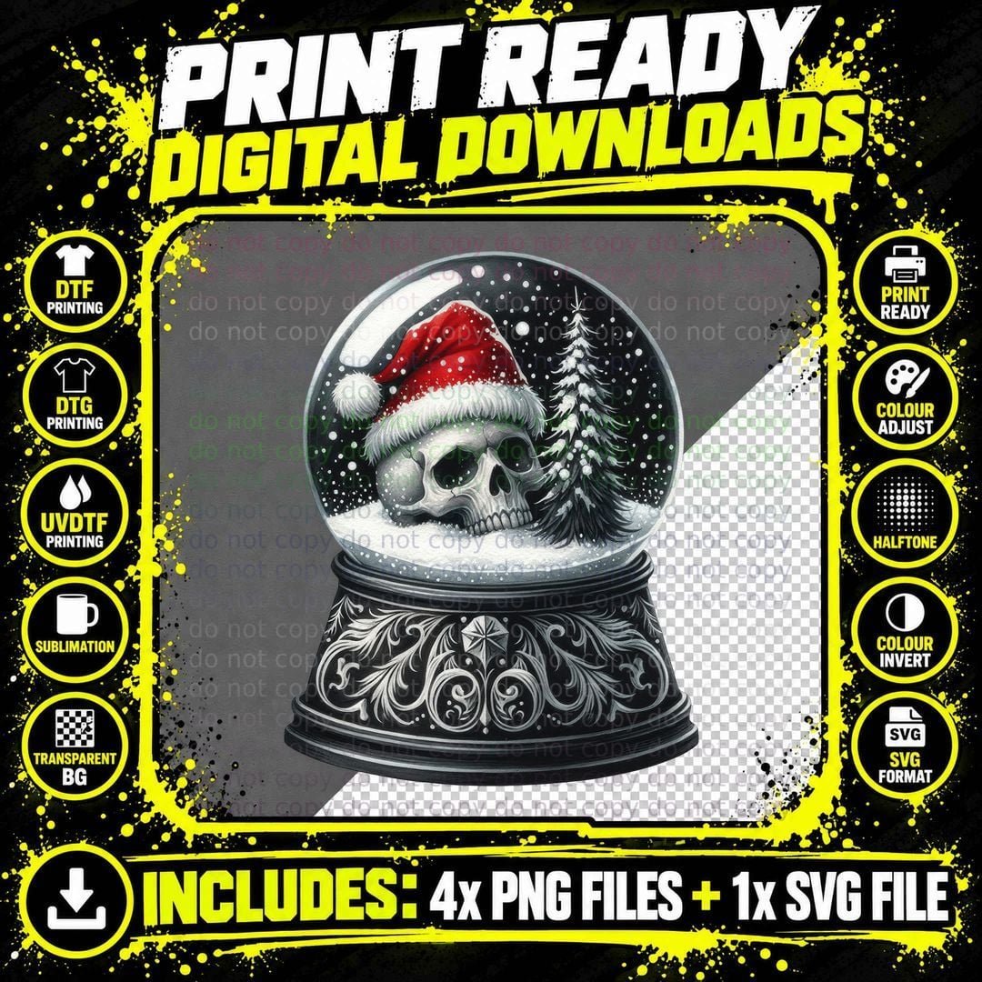 Gothic Skull Snow Globe Dark Christmas Macabre Winter Png SVG Digital Bundle