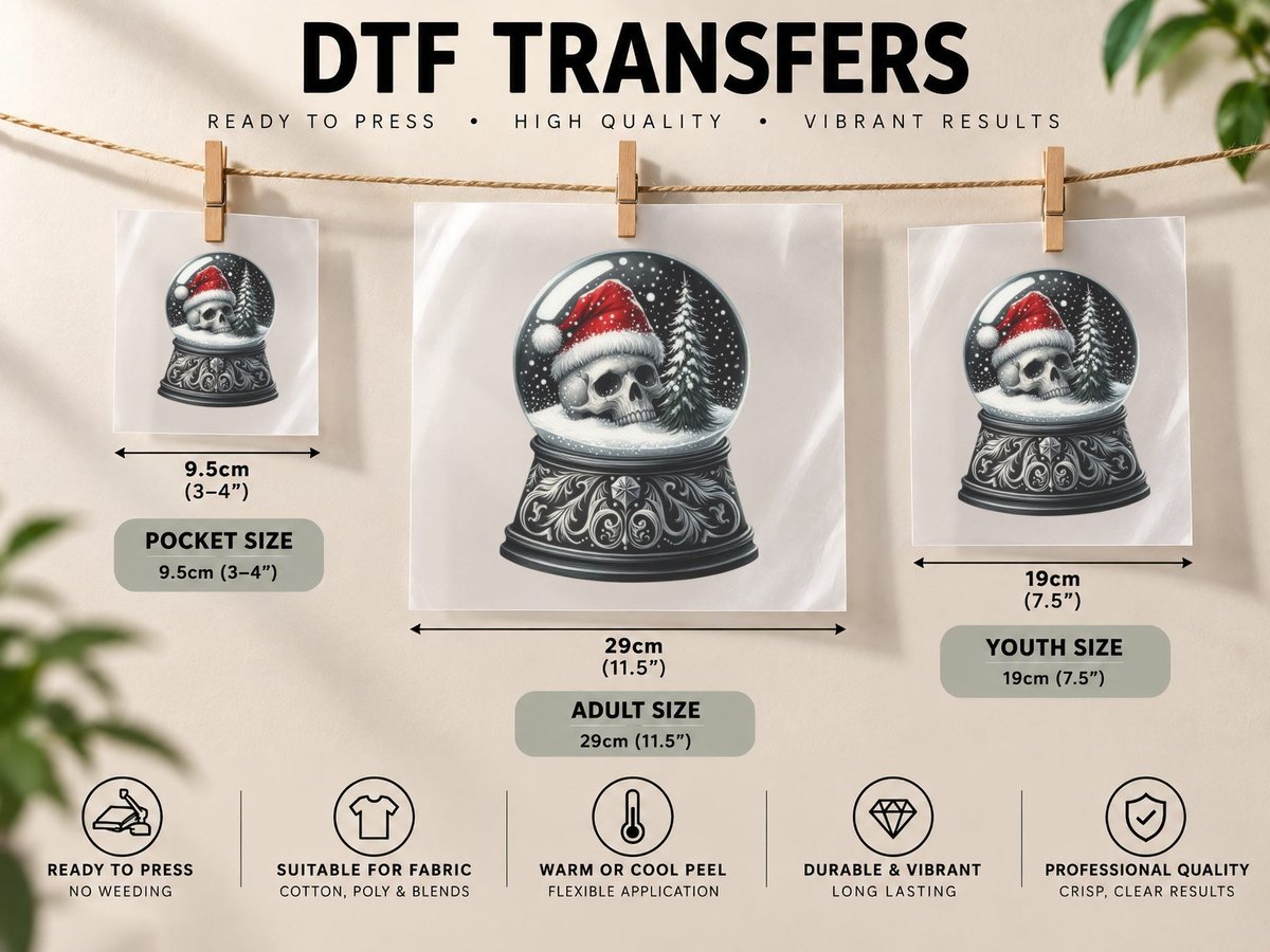 Gothic Skull Snow Globe Dark Christmas Macabre Winter DTF Transfer Iron On