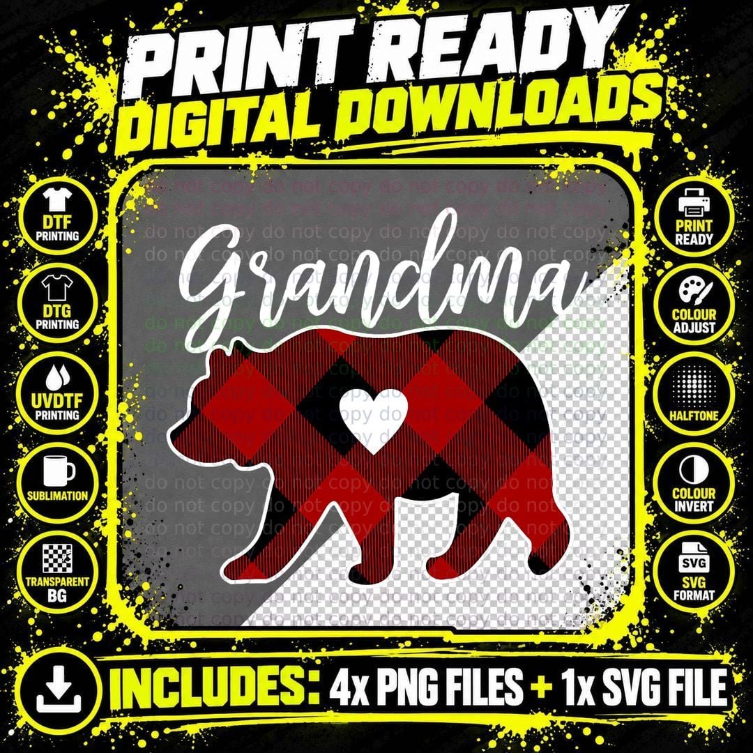 Grandma Bear Christmas Buffalo Plaid Red White & Black Png SVG Digital Bundle