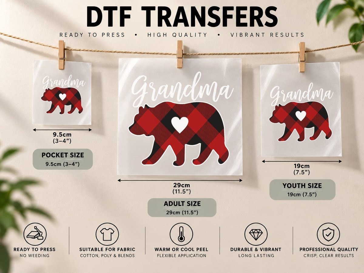 Grandma Bear Christmas Buffalo Plaid Red White & Black DTF Transfer Iron On