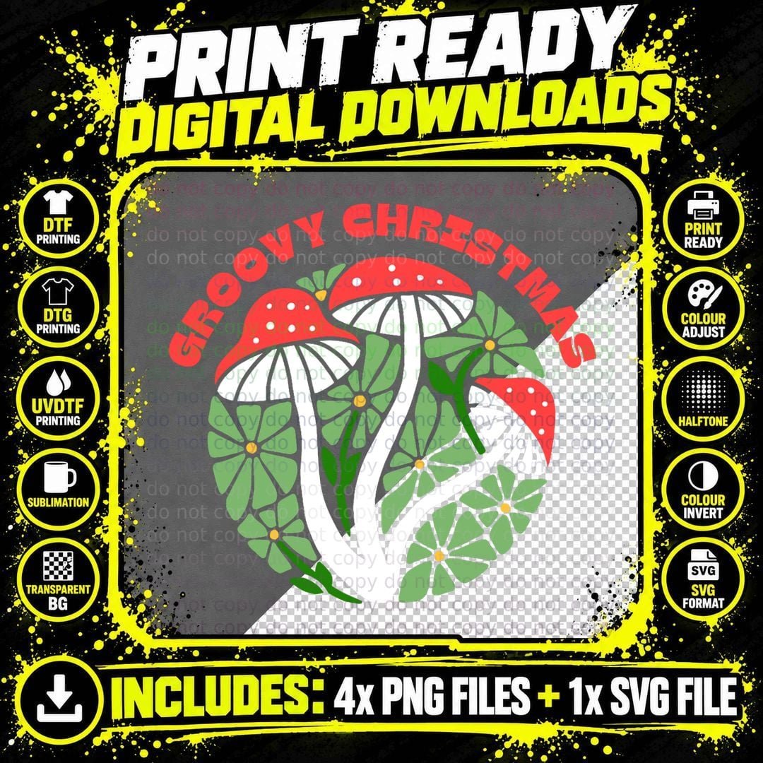 Groovy Christmas Mushroom Retro Christmas Funny Png SVG Digital Bundle