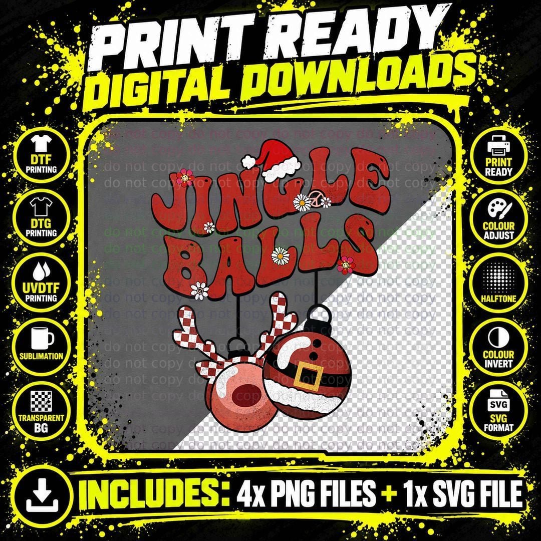 Groovy Christmas Vibes Cute Jingle Balls Tinsel Tits Png SVG Digital Bundle