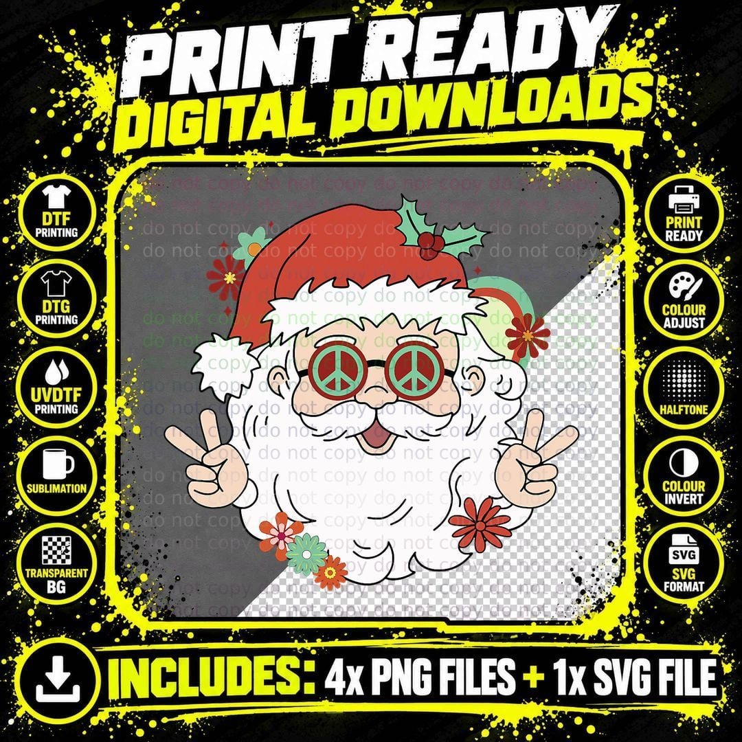 Groovy Hippy Santa Clause, 80's Retro Christmas Design Png SVG Digital Bundle