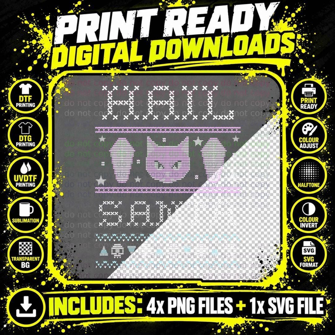 Hail Santa Creepy Cute Cat - Pastel Goth Ugly Christmas Png SVG Digital Bundle