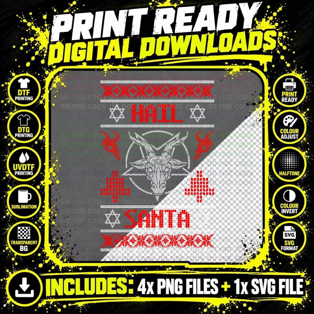 Hail Santa Ugly Christmas Sweater Rock Metal Satan Png SVG Digital Bundle