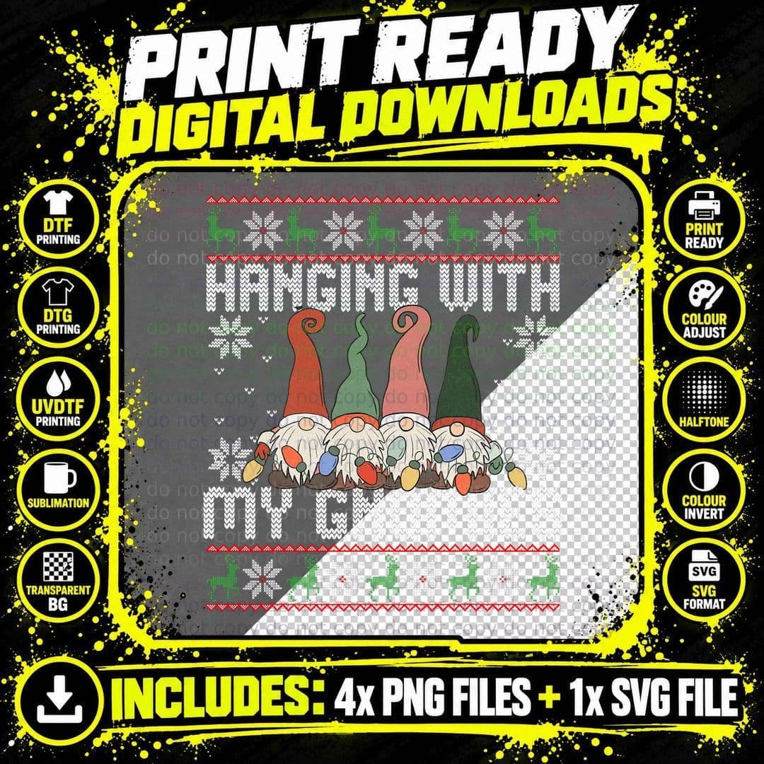 Hanging with My Gnomies Ugly Christmas Sweater Gnome Png SVG Digital Bundle