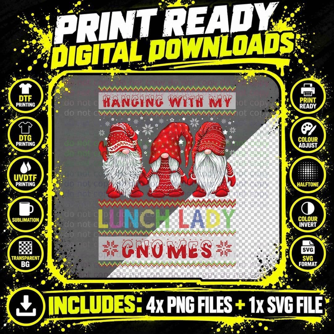 Hanging with My Lunch Lady Gnomies Ugly Sweater Png SVG Digital Bundle