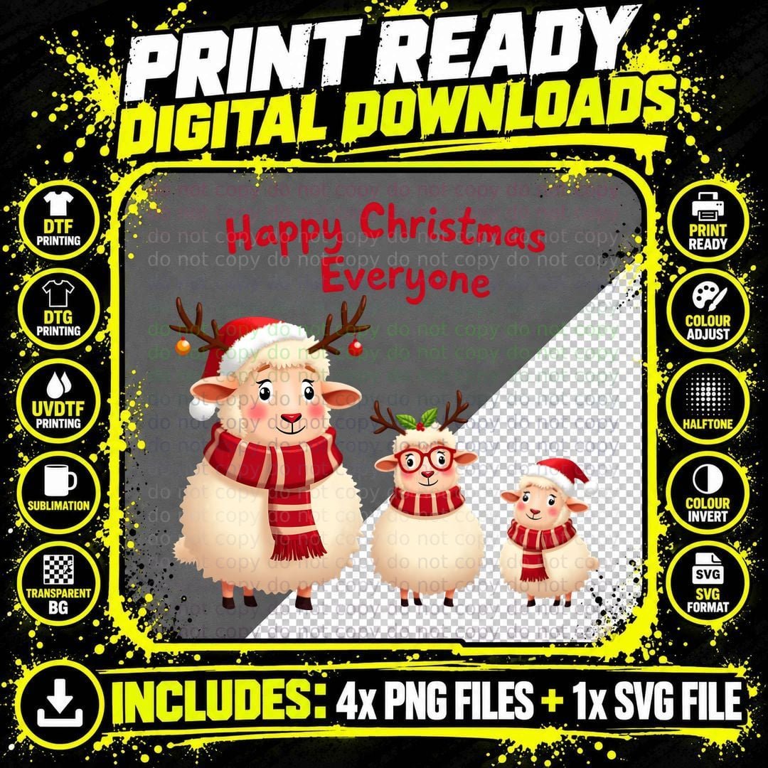 Happy Christmas Sheep, Funny Festive Cartoon Family Png SVG Digital Bundle