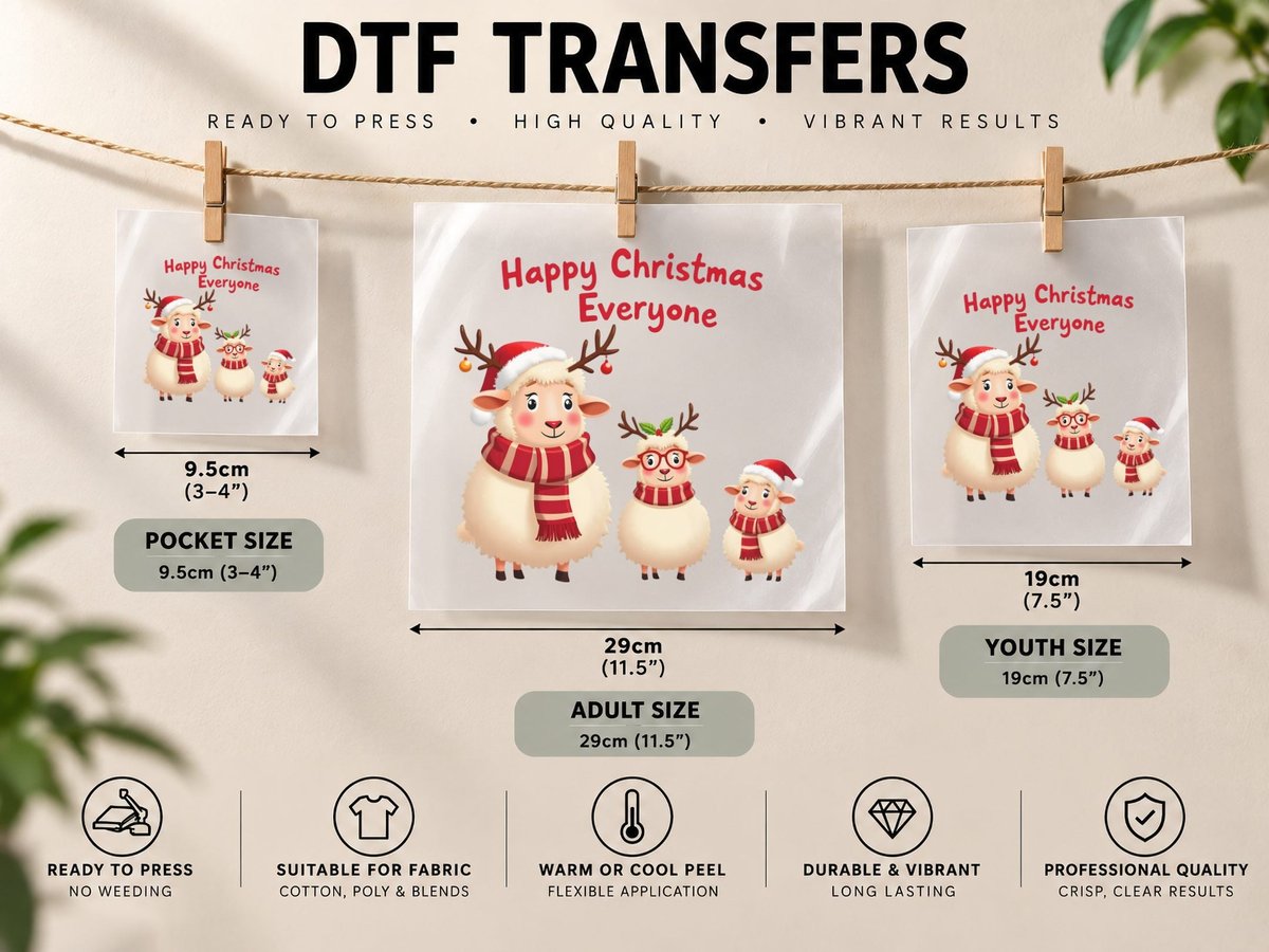 Happy Christmas Sheep, Funny Festive Cartoon Family Scene DTF Transfer Iron On