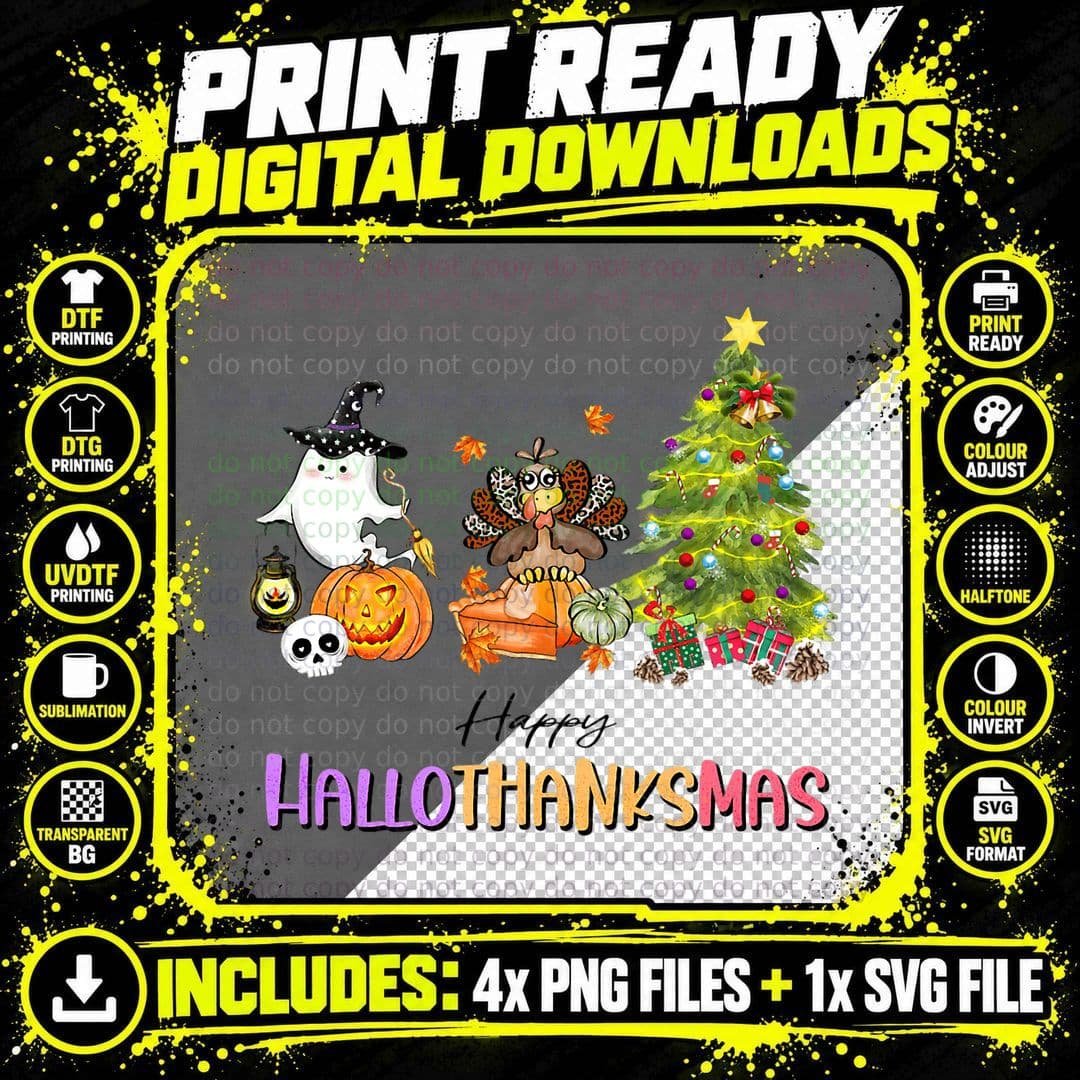 Happy Hallothanksmas Ghost Turkey Christmas Tree T-Shirt Png SVG Digital Bundle