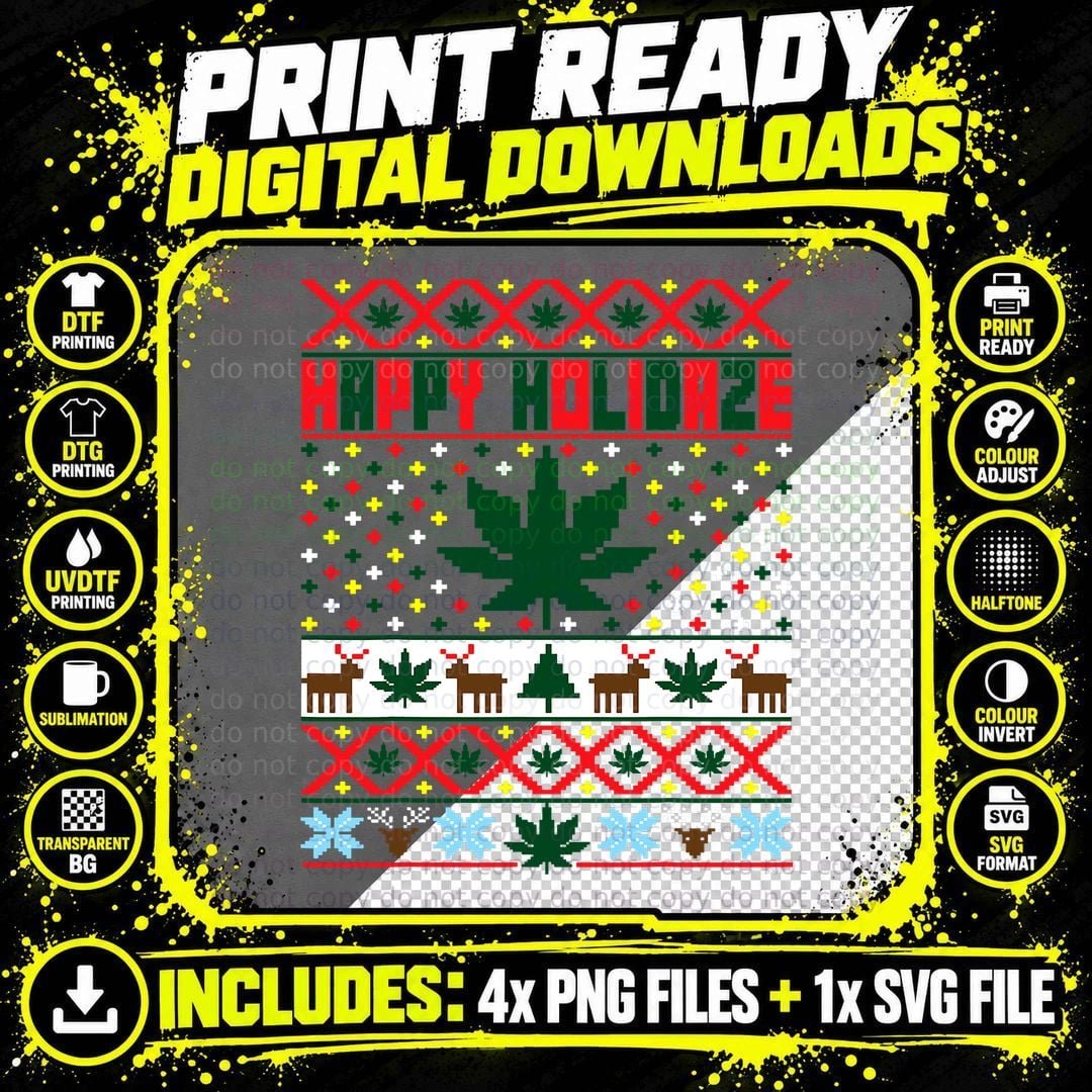 Happy Holidaze, Marijuana Weed Ugly Christmas Sweater Png SVG Digital Bundle
