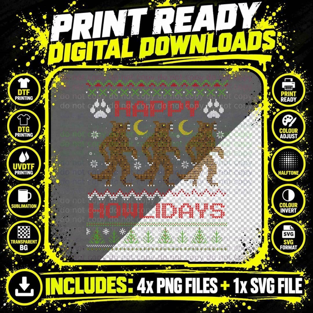 Happy Howlidays Funny Dogman Ugly Cryptid Christmas Png SVG Digital Bundle