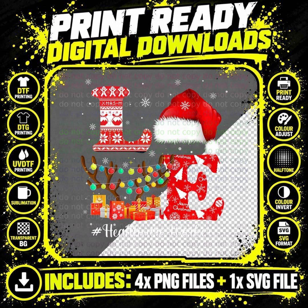 Healthcare Worker Love Christmas Reindeer Santa Hat Xmas Png SVG Digital Bundle