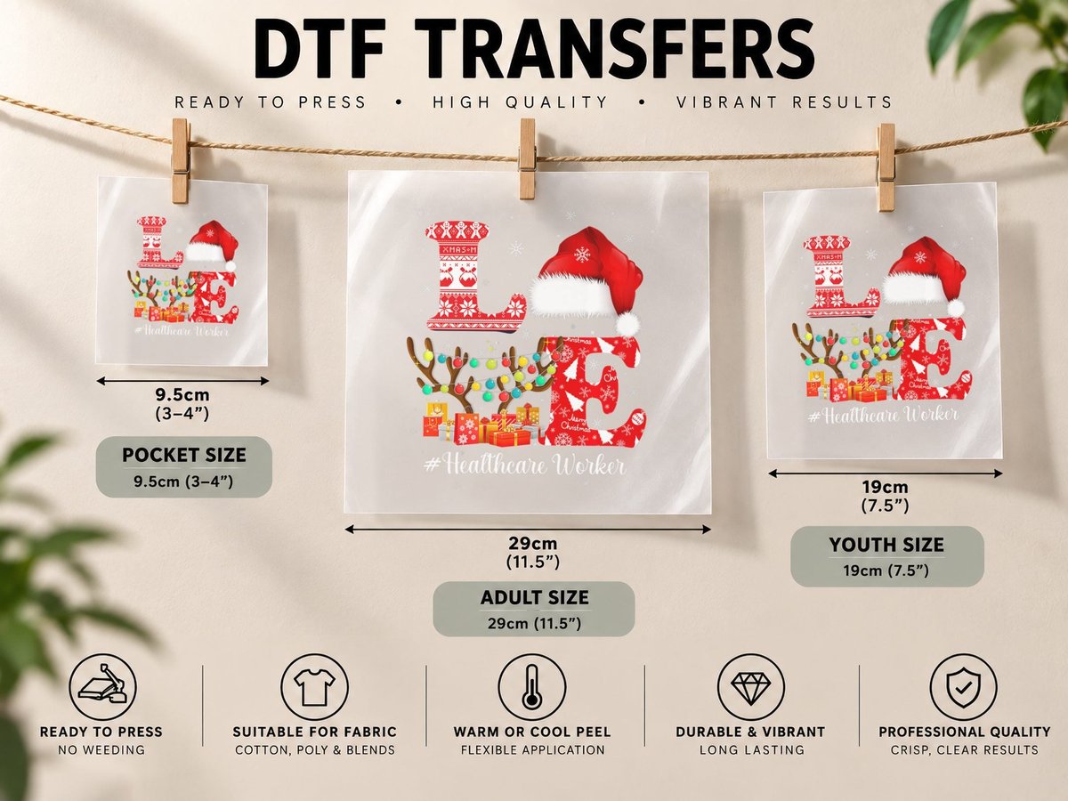Healthcare Worker Love Christmas Reindeer Santa Hat Xmas DTF Transfer Iron On