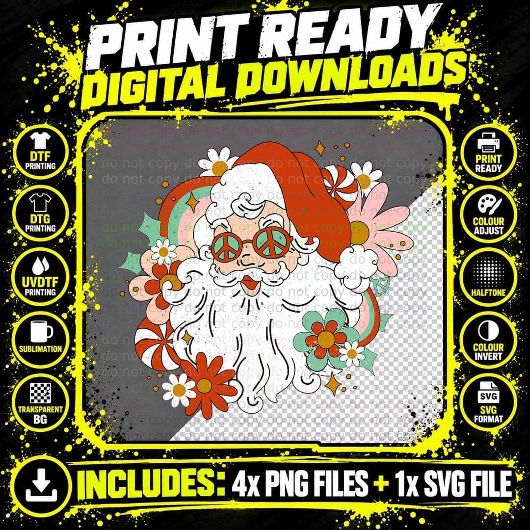 Hippie Santa Claus Floral Peace Sign Retro Christmas Png SVG Digital Bundle