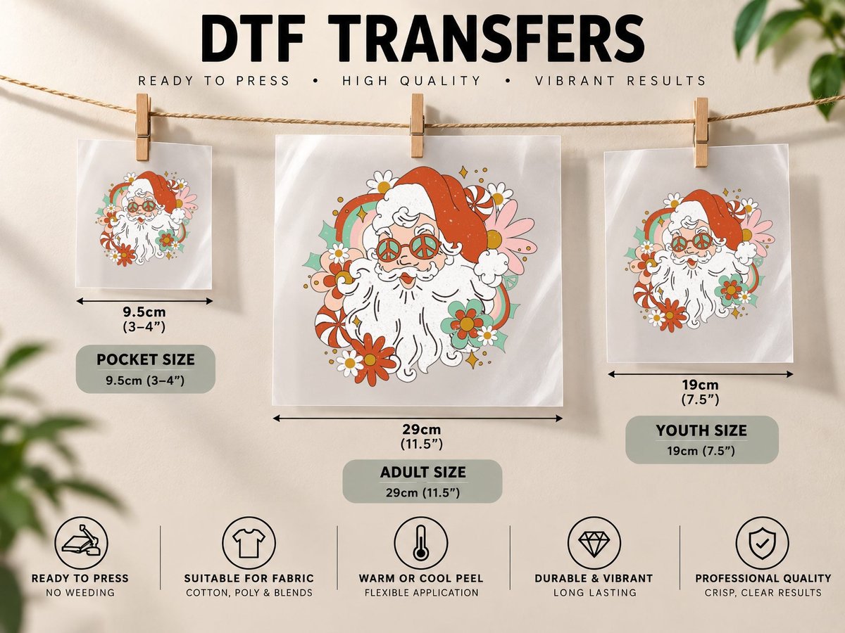 Hippie Santa Claus Floral Peace Sign Retro Christmas DTF Transfer Iron On