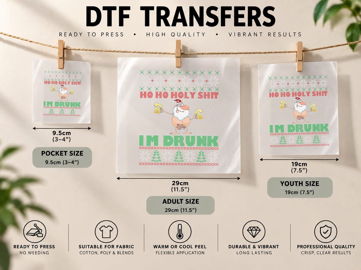 Ho Ho Holy Shit I'm Drunk Naked Santa Claus Ugly Christmas DTF Transfer Iron On