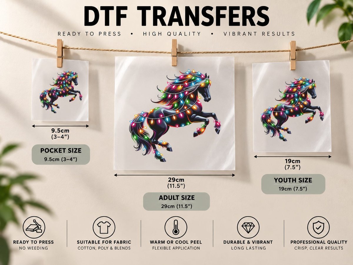 Horse Xmas Lights Gifts for Women Girls Boys Christmas DTF Transfer Iron On