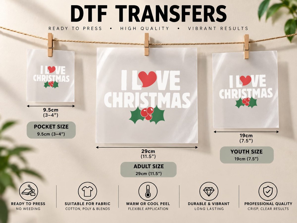 I Love Christmas I Heart Christmas Holly Holidays DTF Transfer Iron On