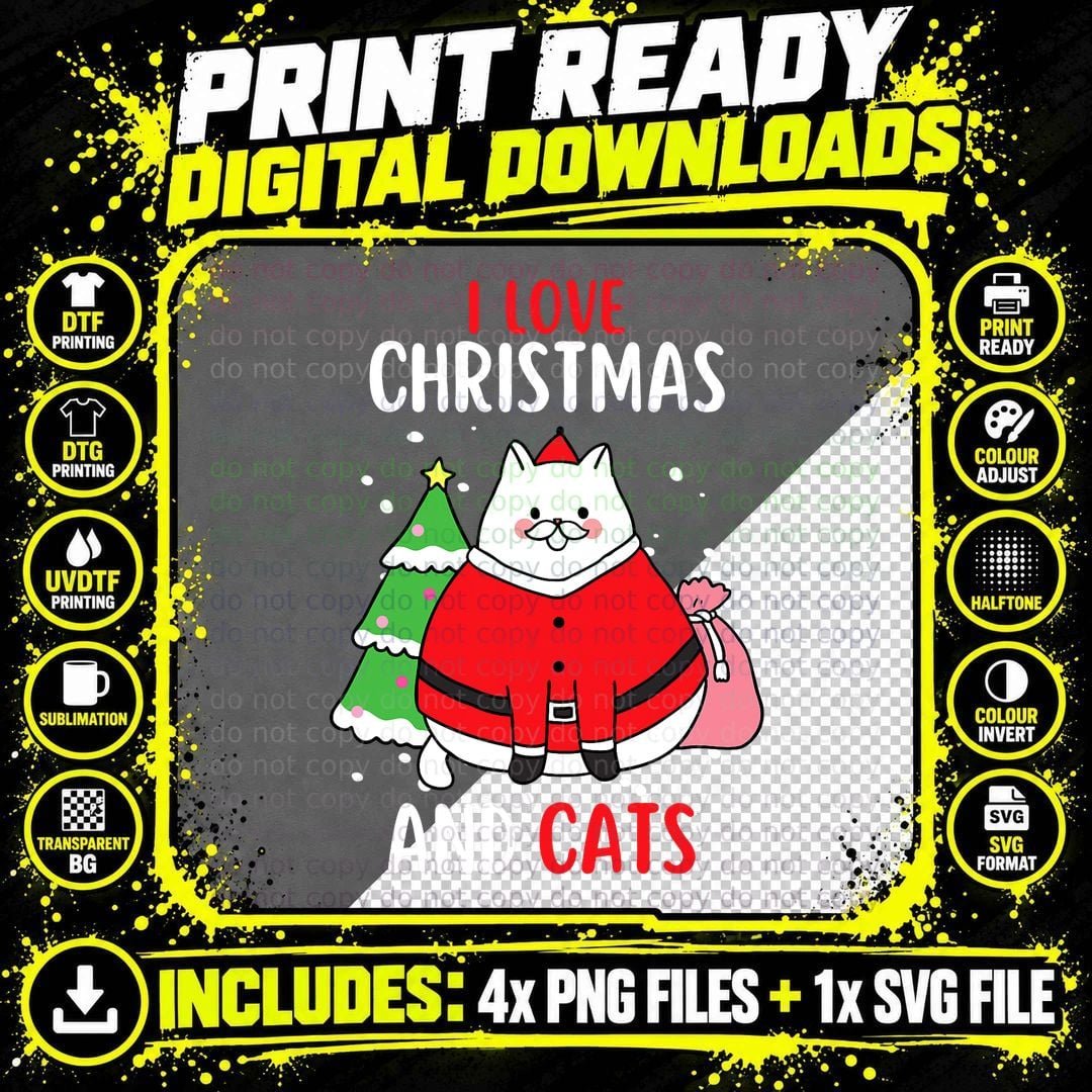 I Love Christmas and Cats Cat Christmas T-Shirt Png SVG Digital Bundle