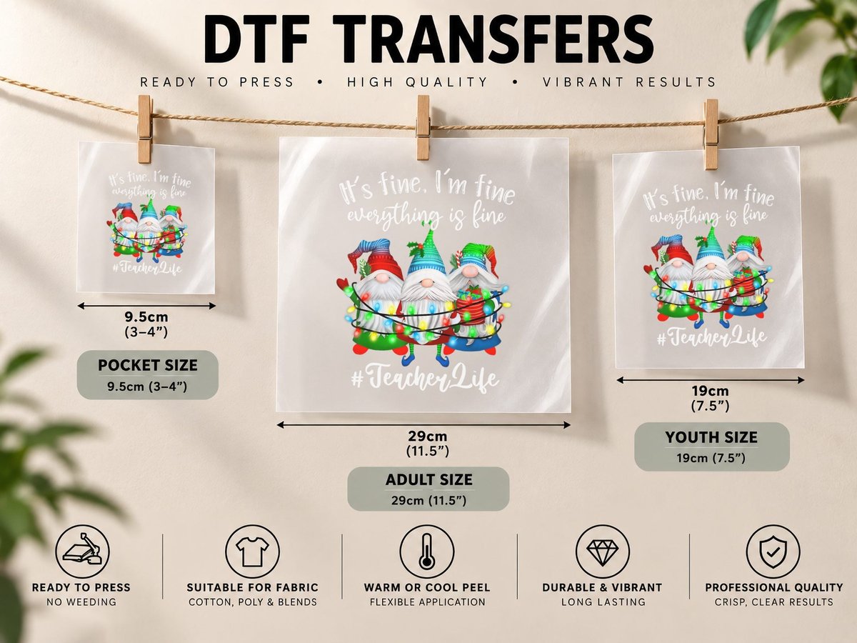 I'm Fine Everything Is Fine Teacher Life Gnome Christmas DTF Transfer Iron On