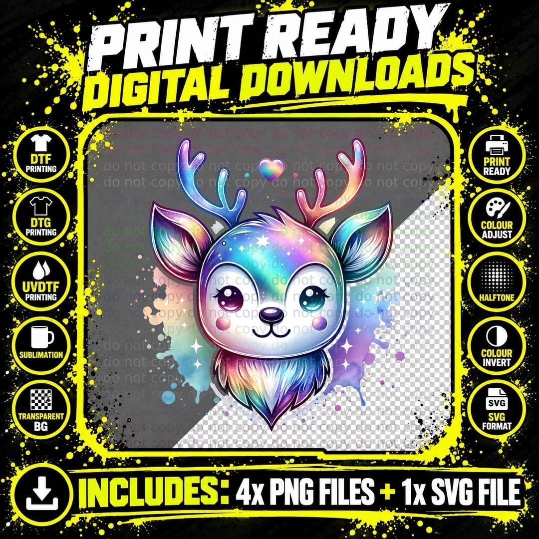 Iridescent Reindeer with Splat Background, Everyday Wear Png SVG Digital Bundle