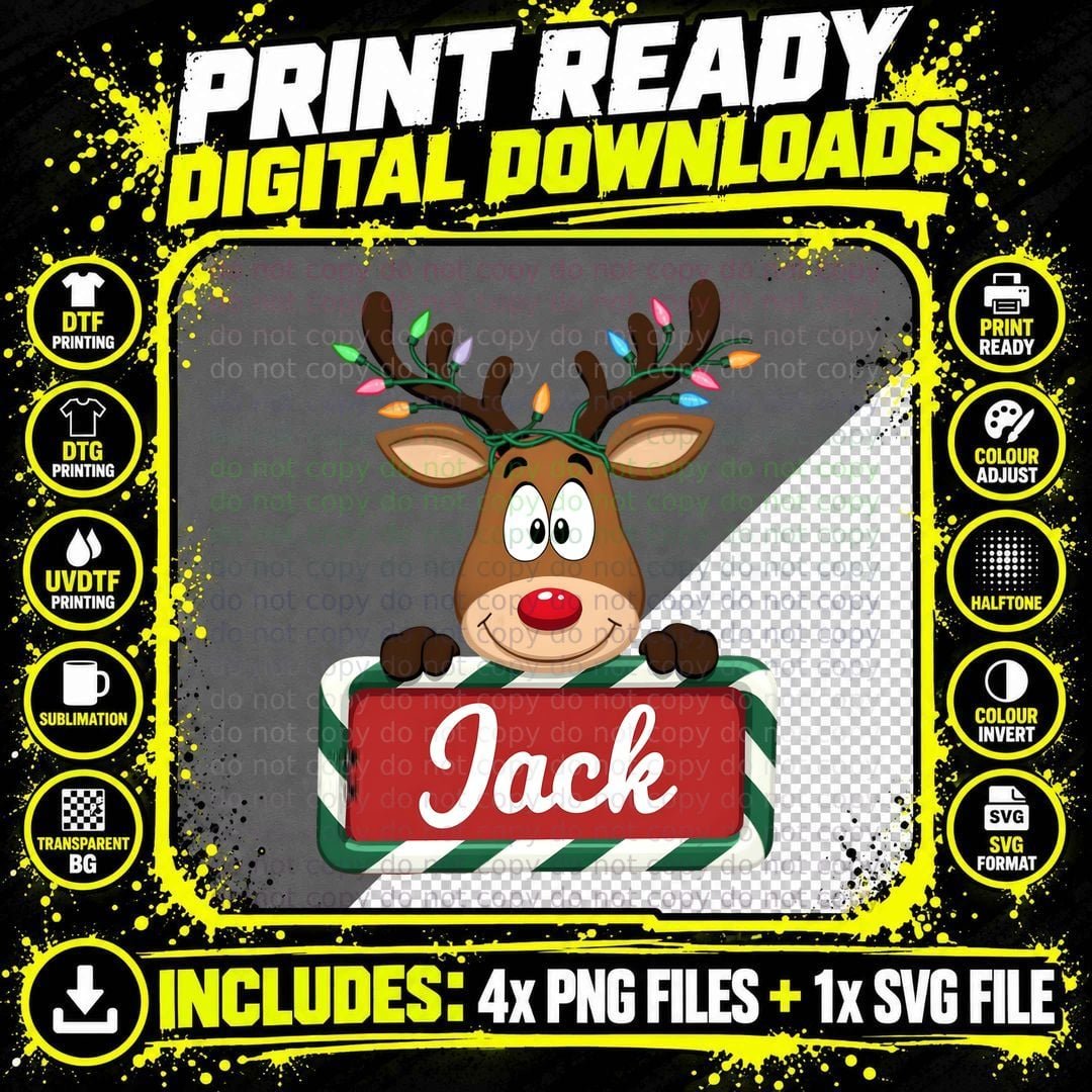 Jack Custom Reindeer Peeking Christmas Kids Lights Png SVG Digital Bundle