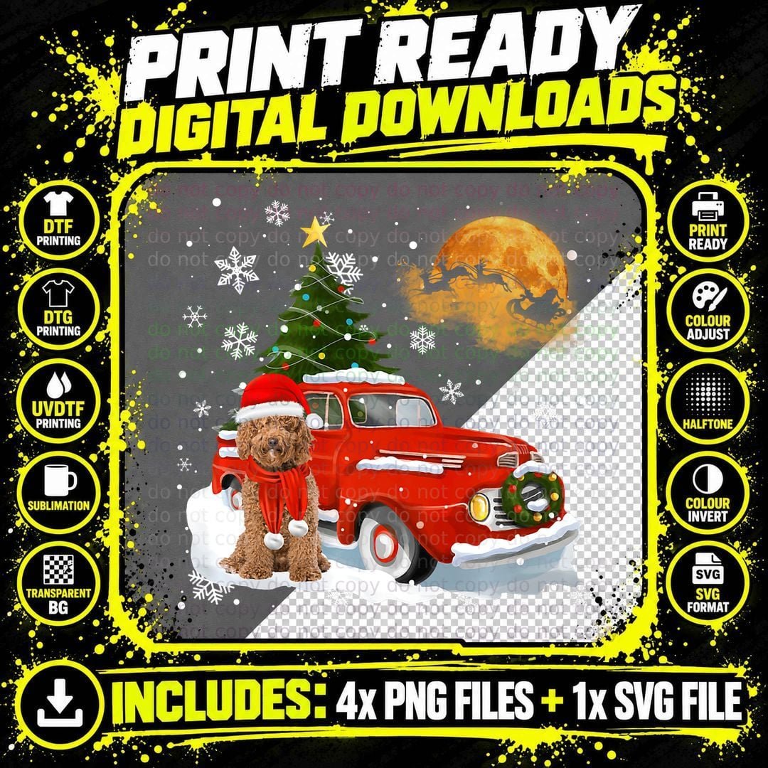 Labradoodle Vintage Wagon Red Truck Christmas Tree Png SVG Digital Bundle