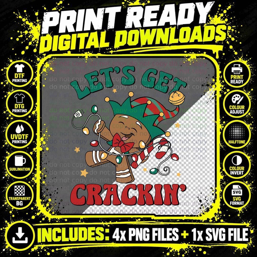 Let's Get Crackin Gingerbread Man Merry Christmas Retro Png SVG Digital Bundle