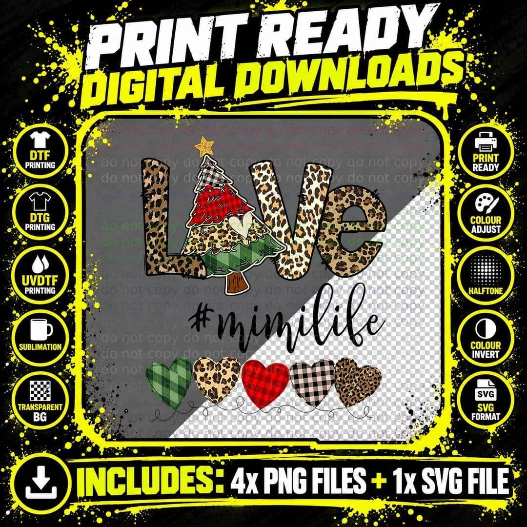 Love Mimi Life Heart Christmas Tree Leopard Plaid T-Shirt Png SVG Digital Bundle