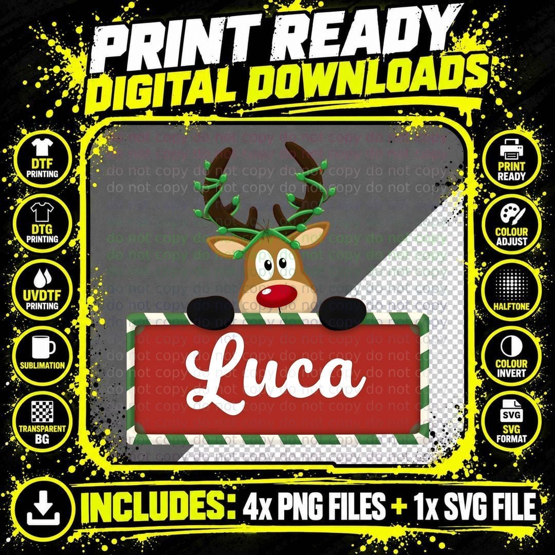 Luca Custom Reindeer Peeking Christmas Lights Happy Kids Png SVG Digital Bundle