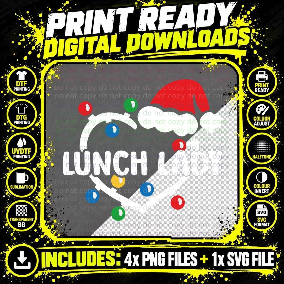 Lunch Lady Christmas Lights Santa Hat Heart Xmas Pajama Png SVG Digital Bundle