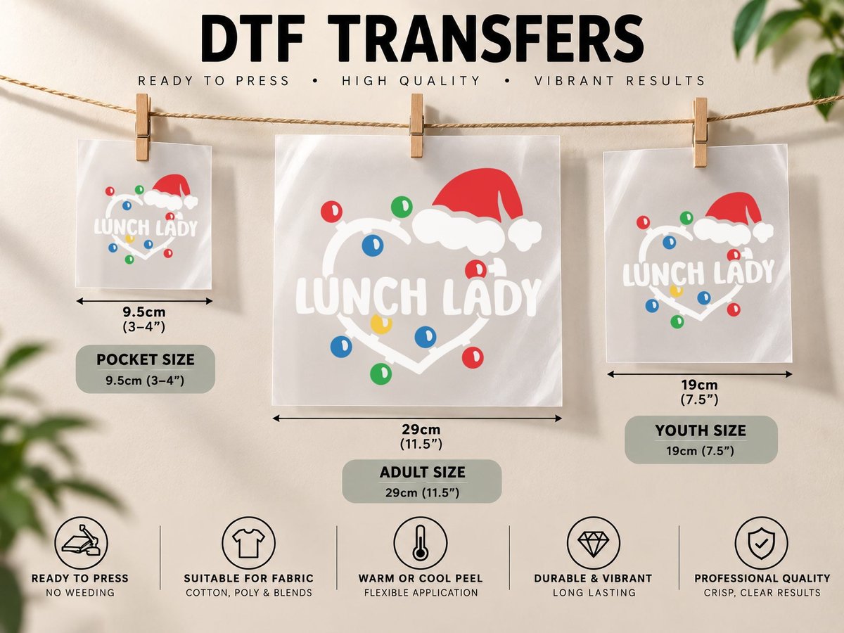 Lunch Lady Christmas Lights Santa Hat Heart Xmas Pajama DTF Transfer Iron On