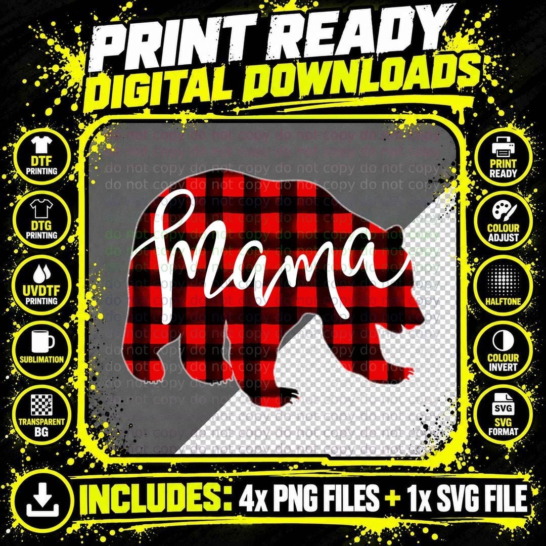 MAMA BEAR Red Plaid Matching Family Christmas Eve Png SVG Digital Bundle