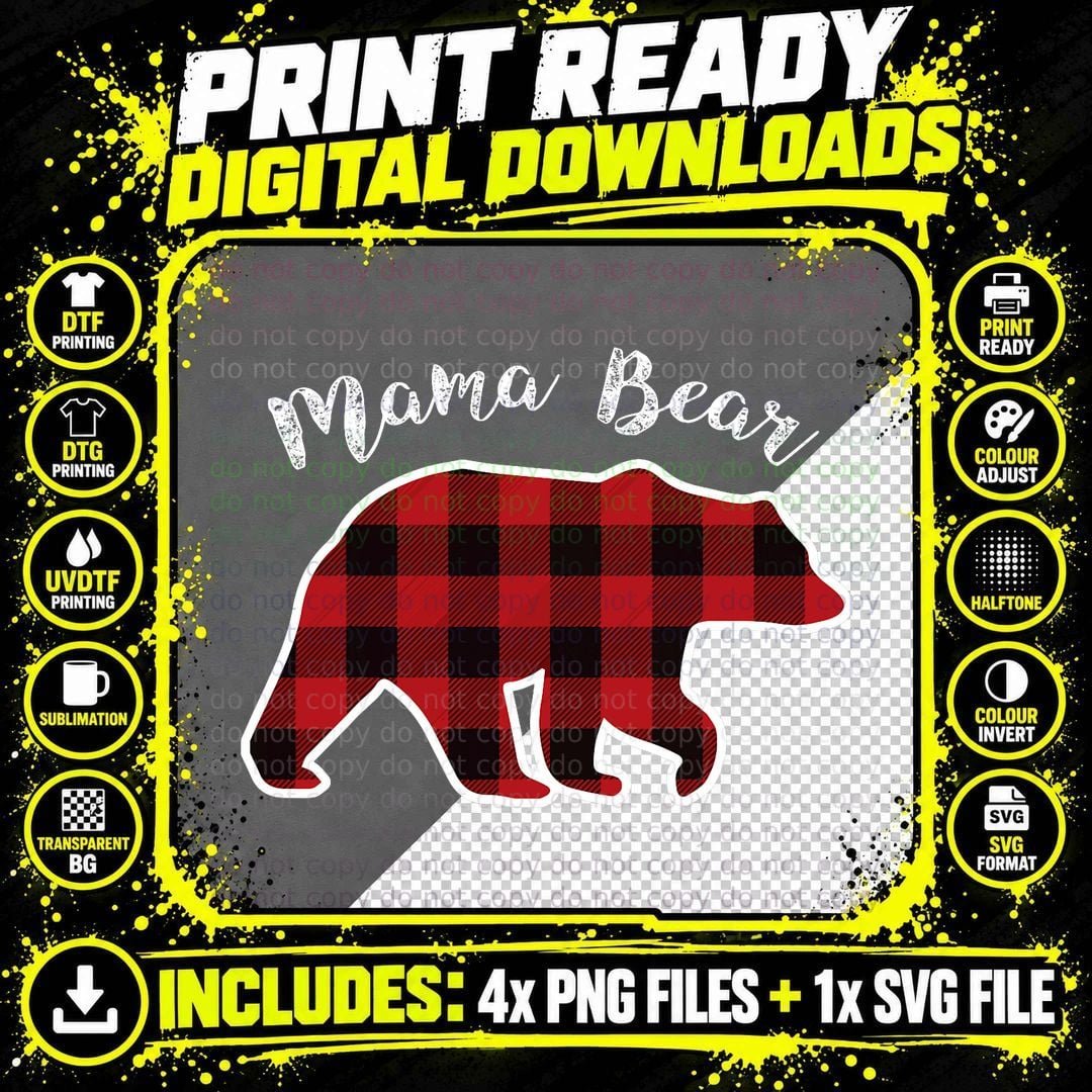 MAMA BEAR Women Red Plaid Christmas Pajama Family Mom Png SVG Digital Bundle