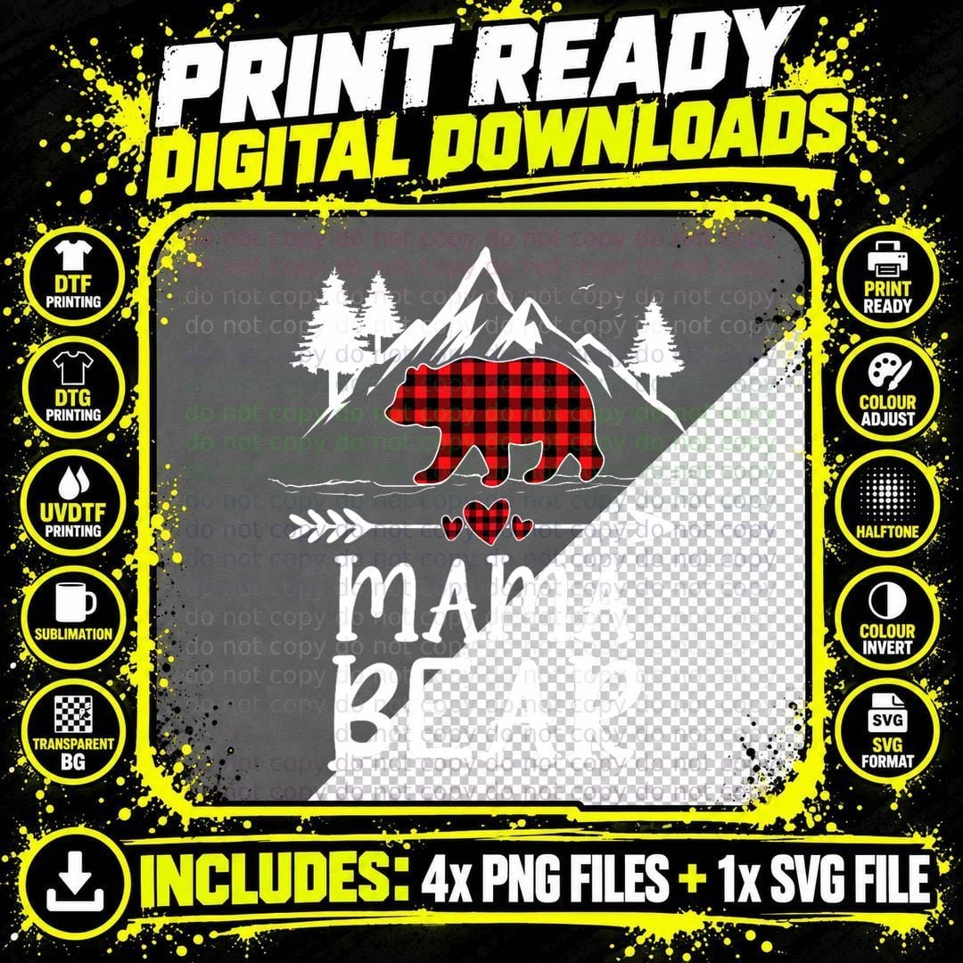 Mama Bear Christmas Pajama Red Plaid Buffalo Matching Png SVG Digital Bundle